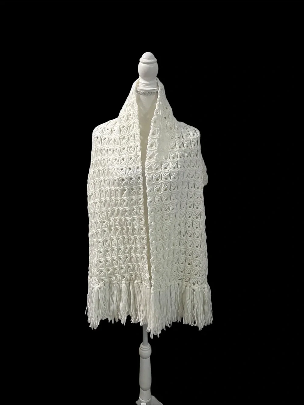 Vintage Hand Crochet Shawl Wrap Open Knit White Fringe